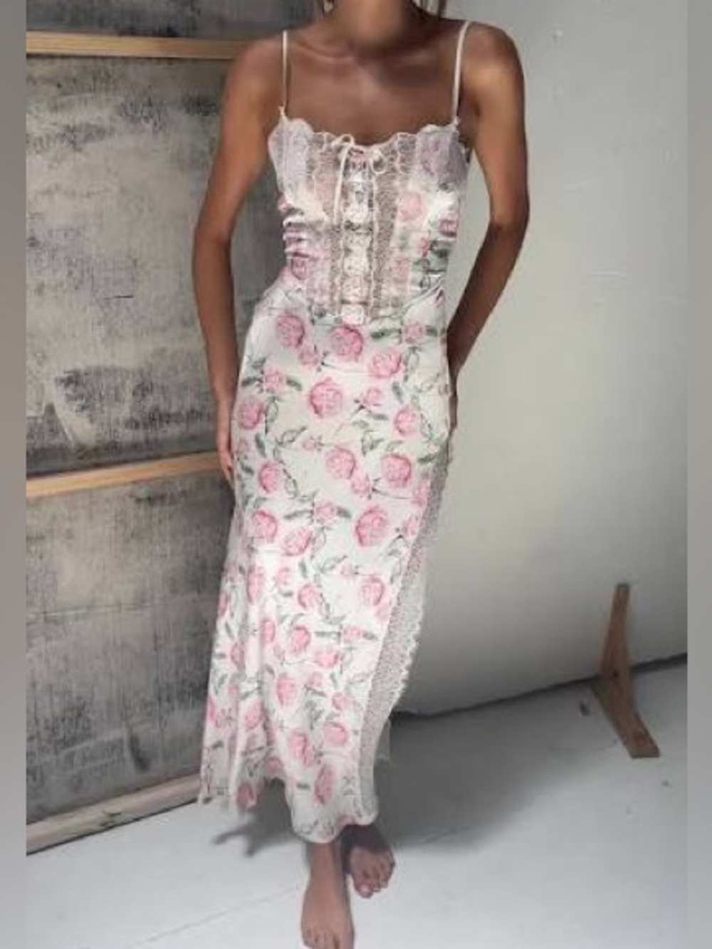 Fillyboo Florence Garden Bias Rose print laced corset slip maxi dress small